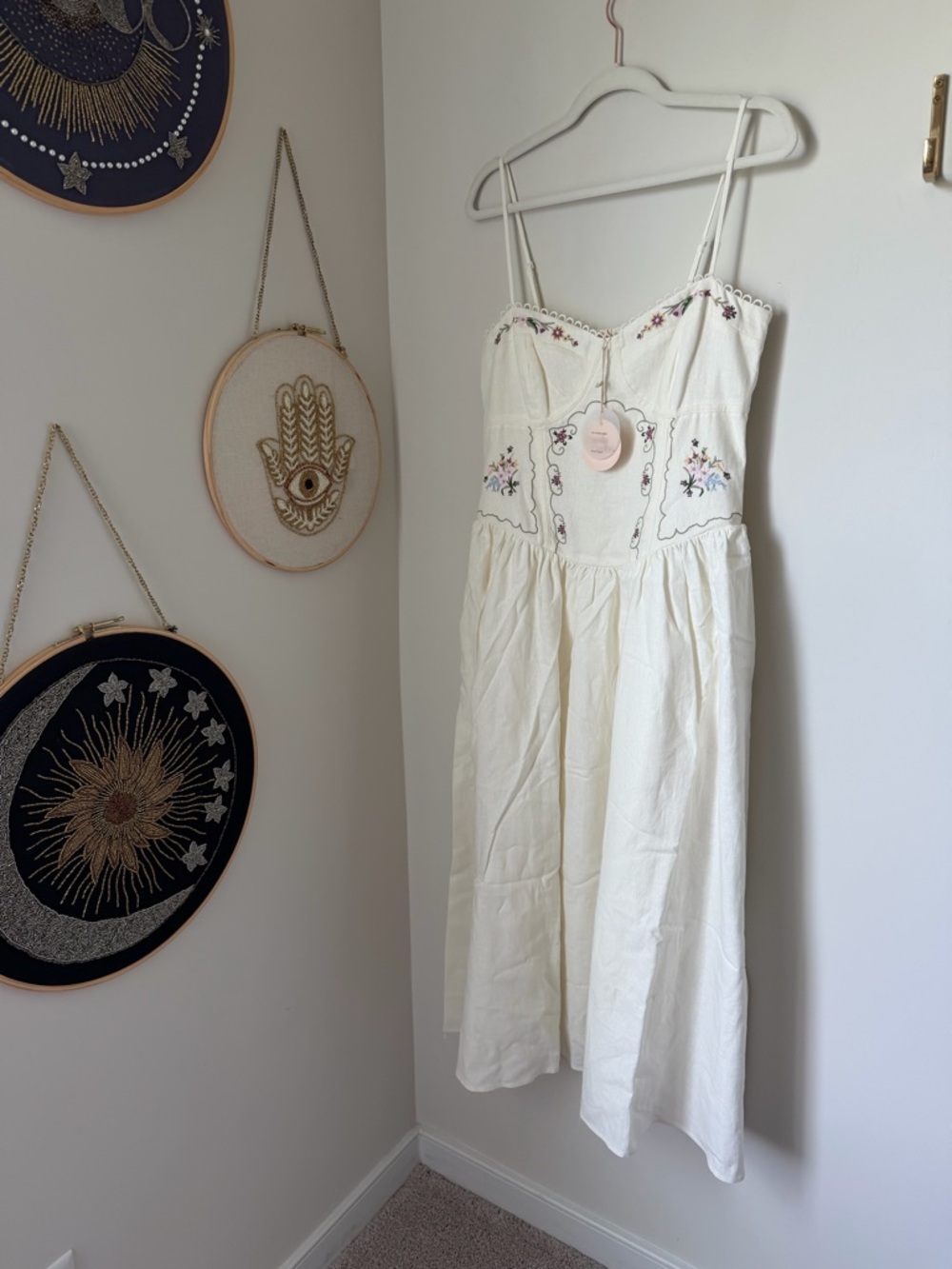 Camila Coelho Cream floral Embroidered spaghetti strap midi dress